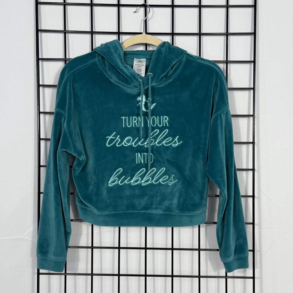 Disney The Little Mermaid Crop Hoodie Womens XS Teal Velour Troubles to Bubbles